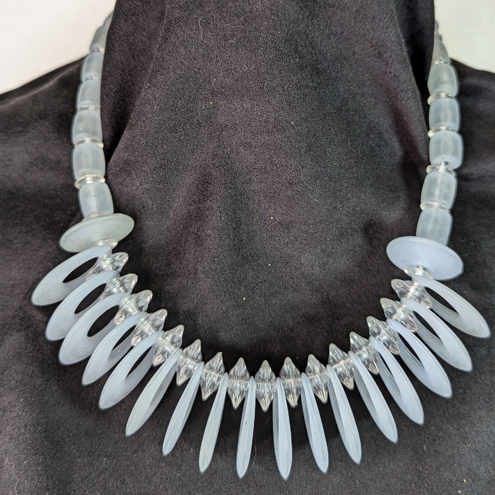 Vintage 80's Necklace Blue Frosted Acrylic Lucite Modern Retro